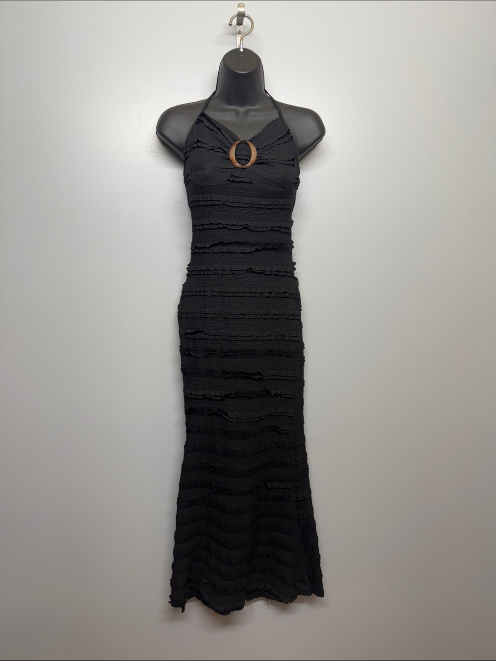 Black Fitted Ruffle Layered Bodycon Halter Maxi Dress